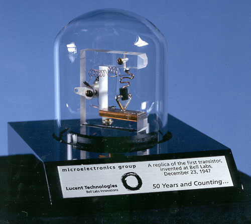 Lucent’s 1997 commemorative replica of the first Bell Labs transistor. This is a replica, not the 1947 device.
